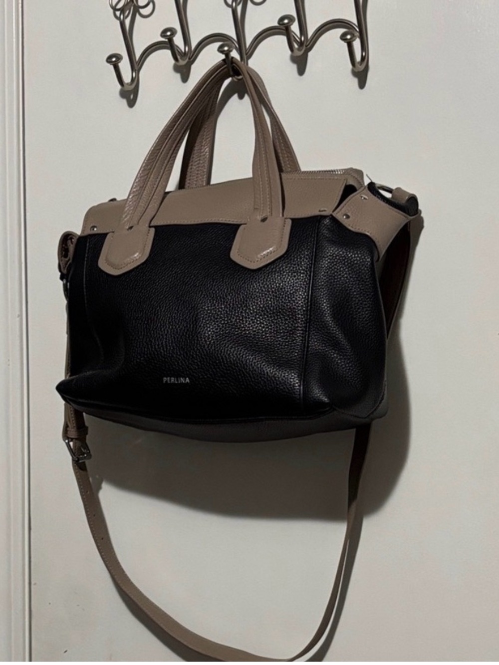 Perlina Black and Taupe Two-Tone Leather Messenger